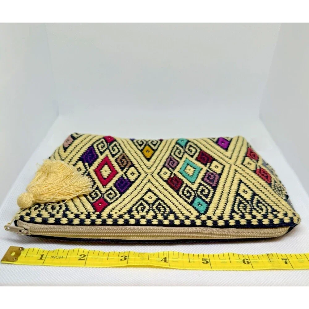 Vintage Artisan Handwoven Geometric Cosmetic Pouch Boho Tassel Makeup Bag